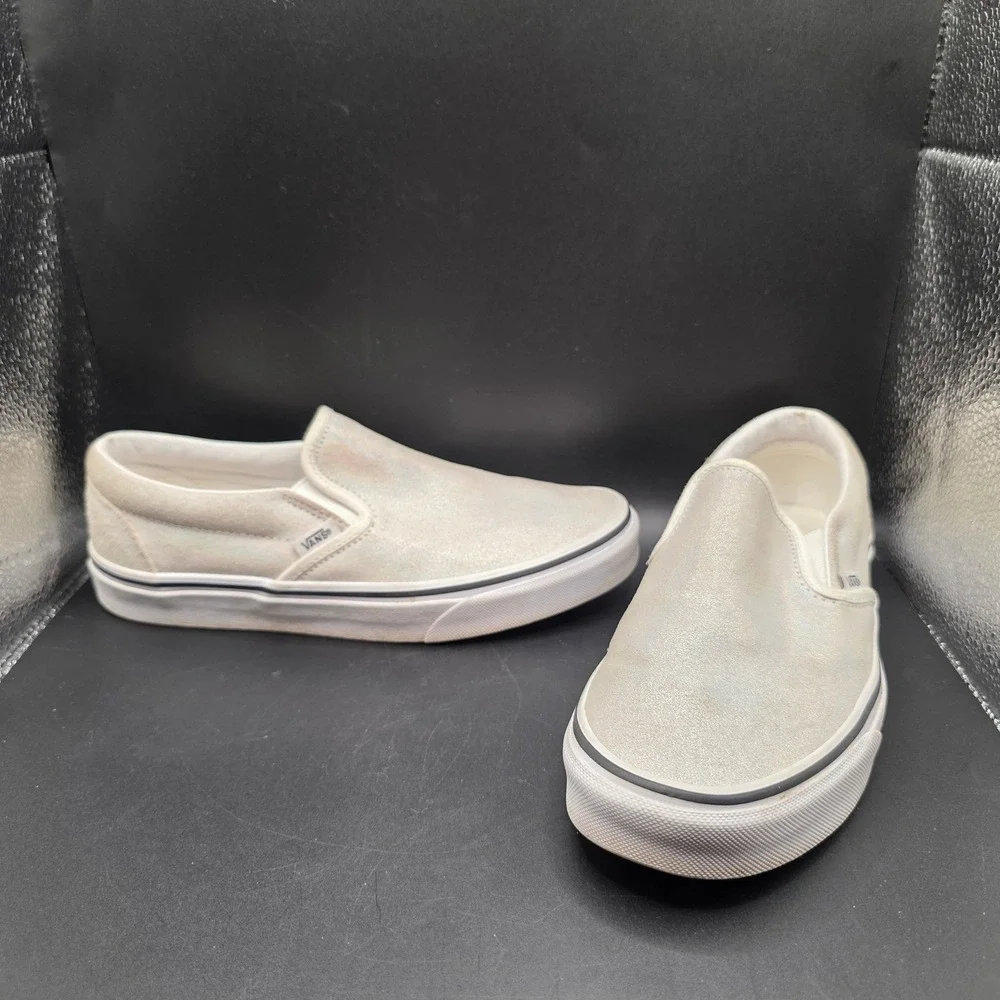 Vans Classic Slip-On Silver Iridescent Glitter Suede Sneakers Womens 8.5 500714